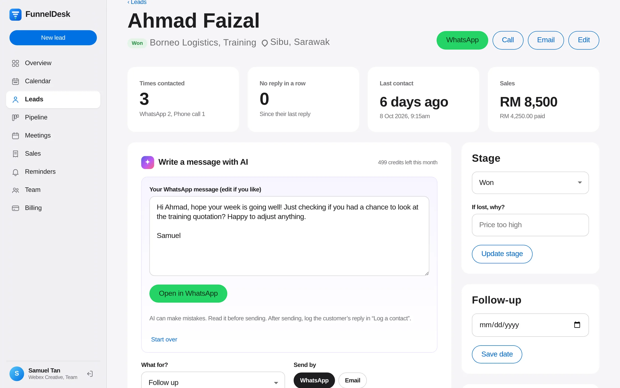 AI message writer on a lead page with a WhatsApp follow-up draft and an Open in WhatsApp button