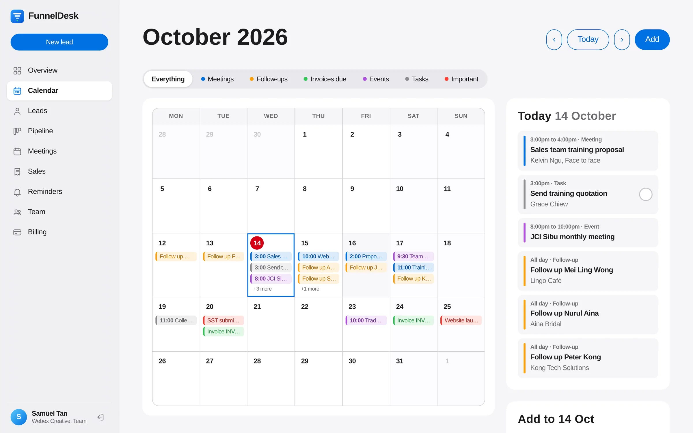 Month calendar with meetings, follow-ups, invoices due, events, tasks and important dates in different colours
