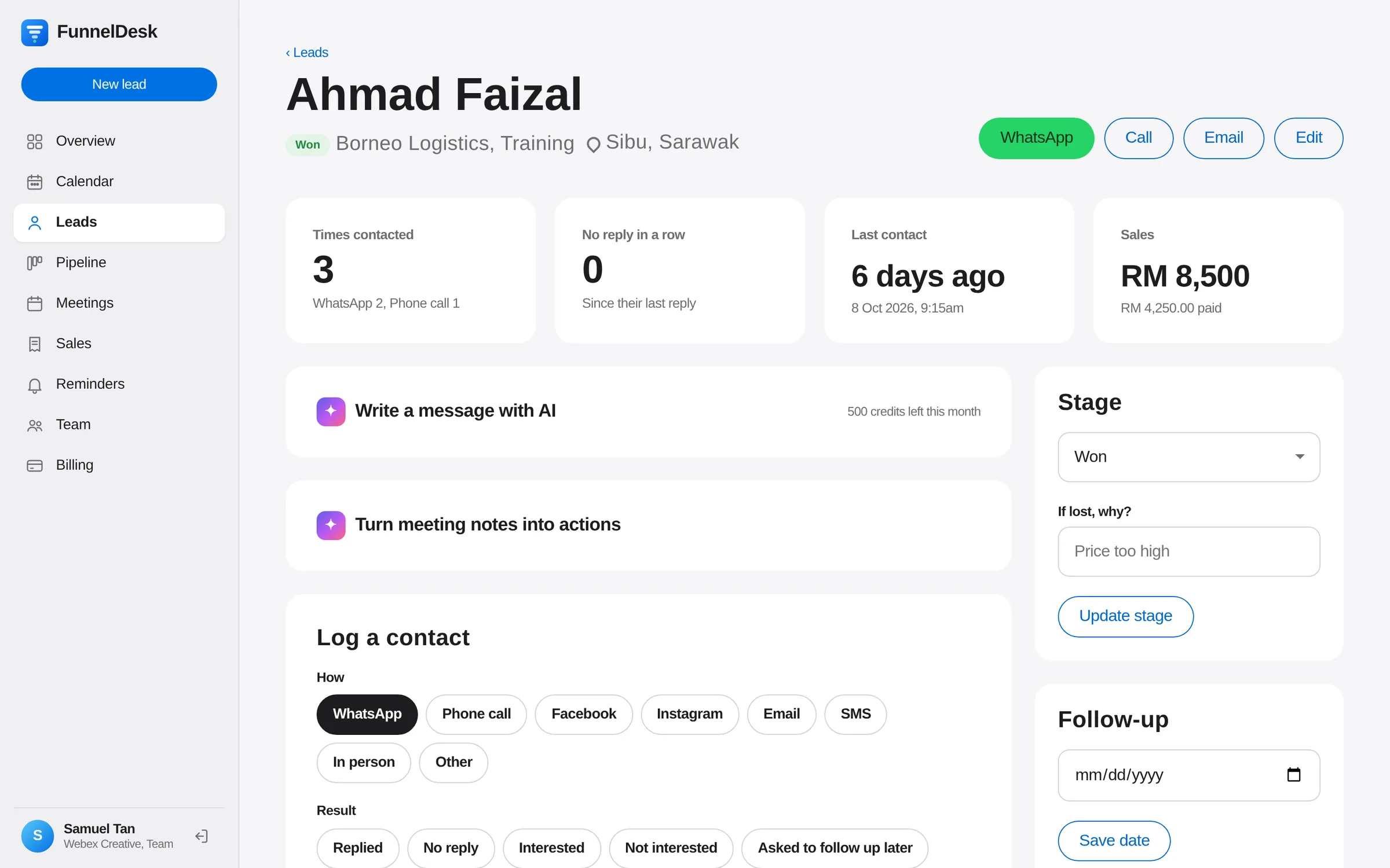 Lead page with WhatsApp, call and email buttons, times contacted, no reply counter and last contact